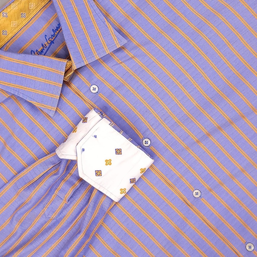 Robert Graham Shirt Mens XL Blue Yellow Stripe Contrast Flip Cuff Silk Blend